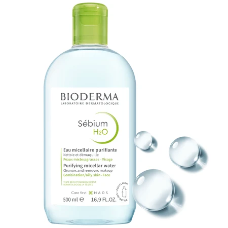 Bioderma Sebium H2O, lotion micellaire pour les peaux grasses, mixtes et acnéiques, 500 ml
