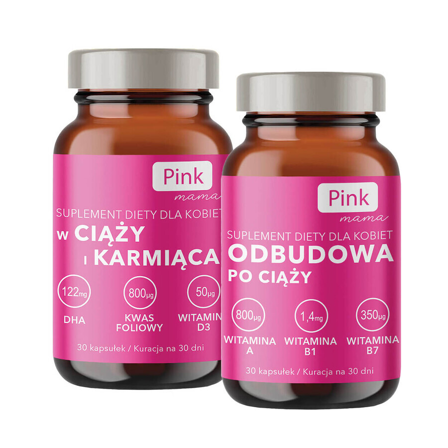 Pink Mama Kit grossesse et allaitement, 30 gélules + Récupération après la grossesse, 30 gélules