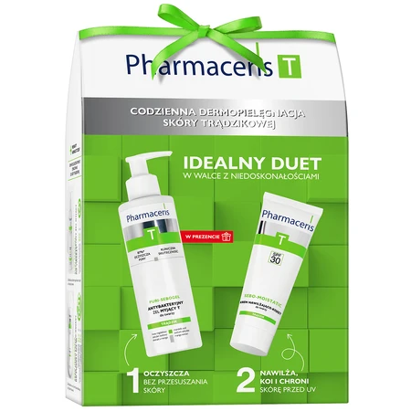 Set Pharmaceris T Sebo-Moistatische, hydraterende en verzachtende gezichtscrème, SPF 30, 50 ml + Puri-Sebogel, antibacteriële T-reinigingsgel voor gezicht, 80 ml