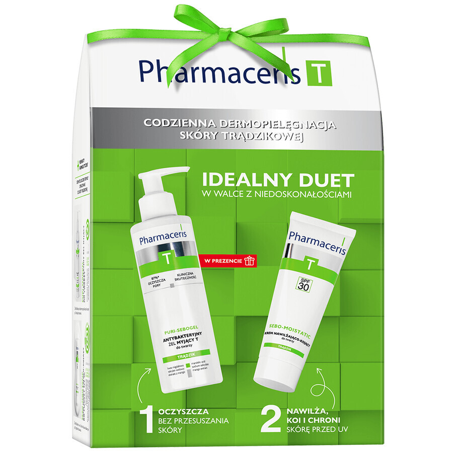 Set Pharmaceris T Sebo-Moistatic, crème hydratante et apaisante pour le visage, SPF 30, 50 ml + Puri-Sebogel, gel nettoyant antibactérien T pour le visage, 80 ml