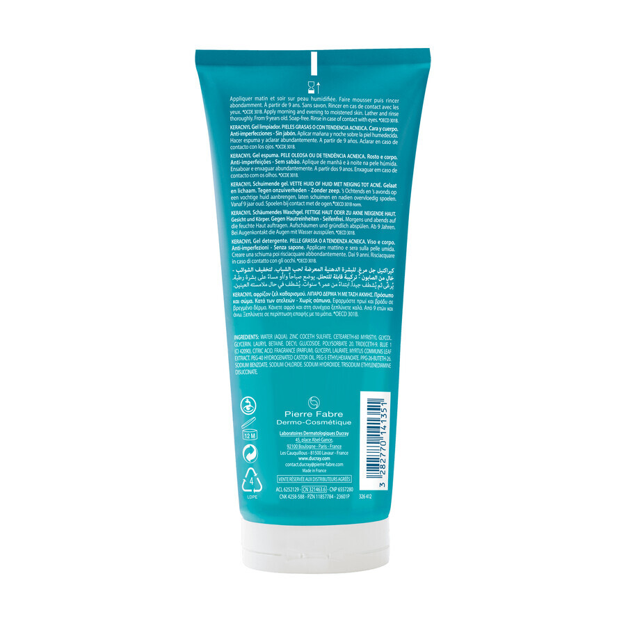 Set Ducray Keracnyl, gel espumoso para rostro y cuerpo, 200 ml + crema antiimperfecciones, 30 ml