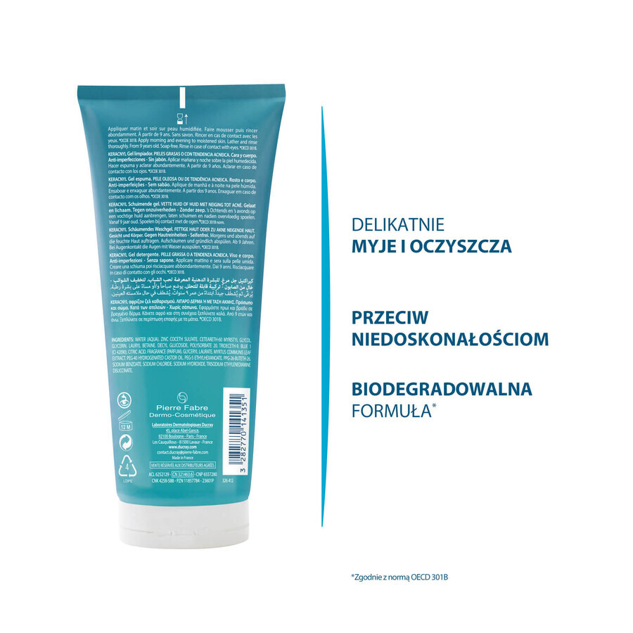 Set Ducray Keracnyl, gel espumoso para rostro y cuerpo, 200 ml + crema antiimperfecciones, 30 ml