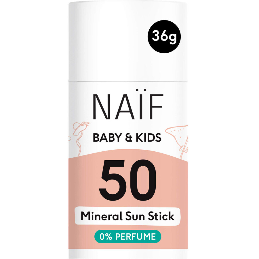 Naif Baby & Kids, stick solaire minéral pour bébés et enfants, dès la naissance, SPF 50, 36 g