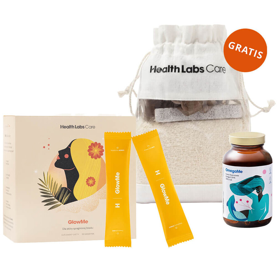 Health Labs Kit GlowMe, aromă de ananas-mango, 30 de pliculețe + OmegaMe, 60 de capsule + sac de baie gratuit