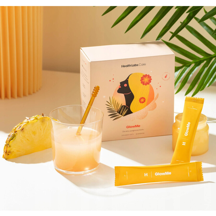 Health Labs Kit GlowMe, aromă de ananas-mango, 30 de pliculețe + OmegaMe, 60 de capsule + sac de baie gratuit