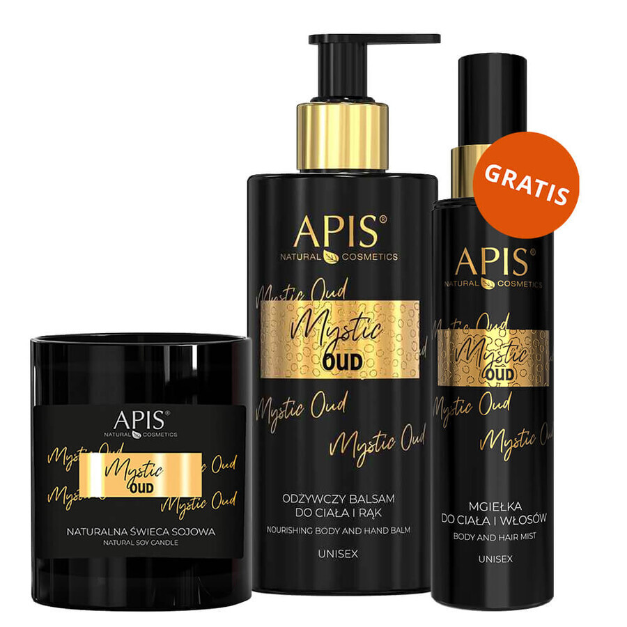 Set Apis Mystic Oud, lumânare naturală din soia, 220 g + loțiune hrănitoare pentru corp și mâini, 300 ml + ceață pentru corp și păr, 150 ml gratuit