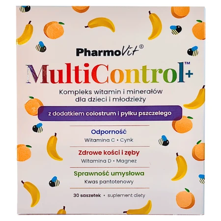 Pharmovit MultiControl+ Complejo vitamínico y mineral para niños y adolescentes, sabor plátano y melocotón, 30 sobres