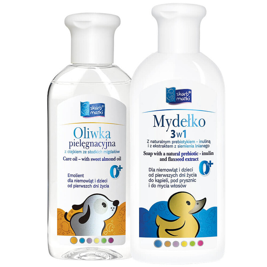 Set Skarb Matki, aceite de cuidado para bebés y niños desde 1 día de vida, 200 ml + jabón 3 en 1 para bebés y niños, desde el nacimiento, 250 ml