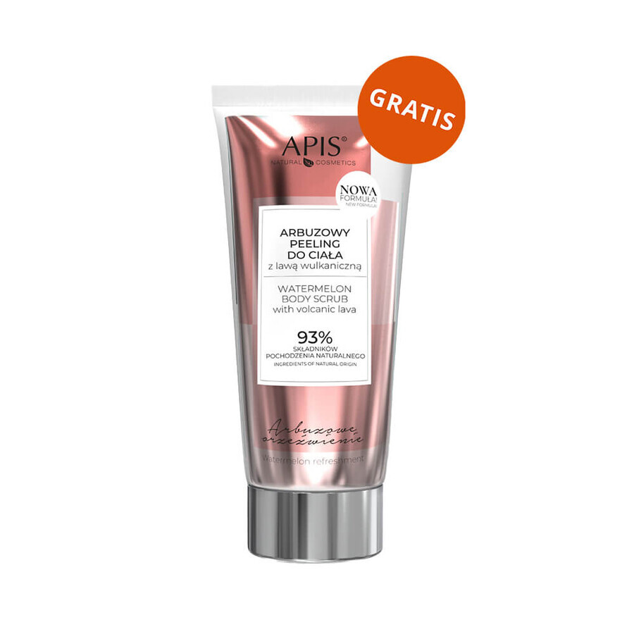 Apis Watermelon Refreshment set, cremă de pepene roșu cu acid hialuronic, 100 ml + spumă de corp, mango și vitamina E, 200 ml + scrub de corp cu lavă vulcanică, 200 ml gratuit