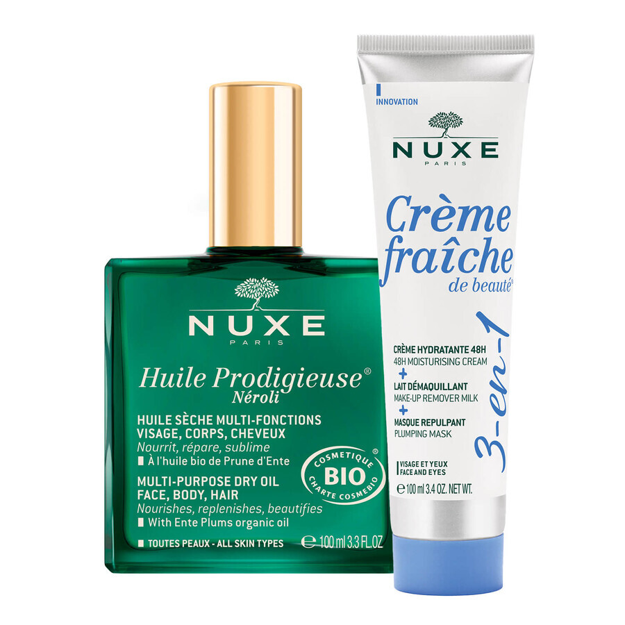 Nuxe Huile Prodigieuse Neroli Set, Trockenöl für Körper, Gesicht und Haar, 100ml + 3-in-1 Feuchtigkeitscreme, 100ml für 1 Penny