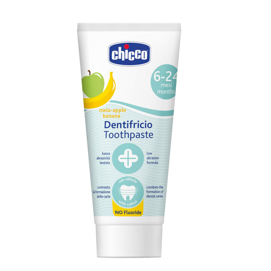 Chicco, tandpasta voor kinderen na 6 maanden, appel- en bananensmaak, fluoridevrij, 50 ml