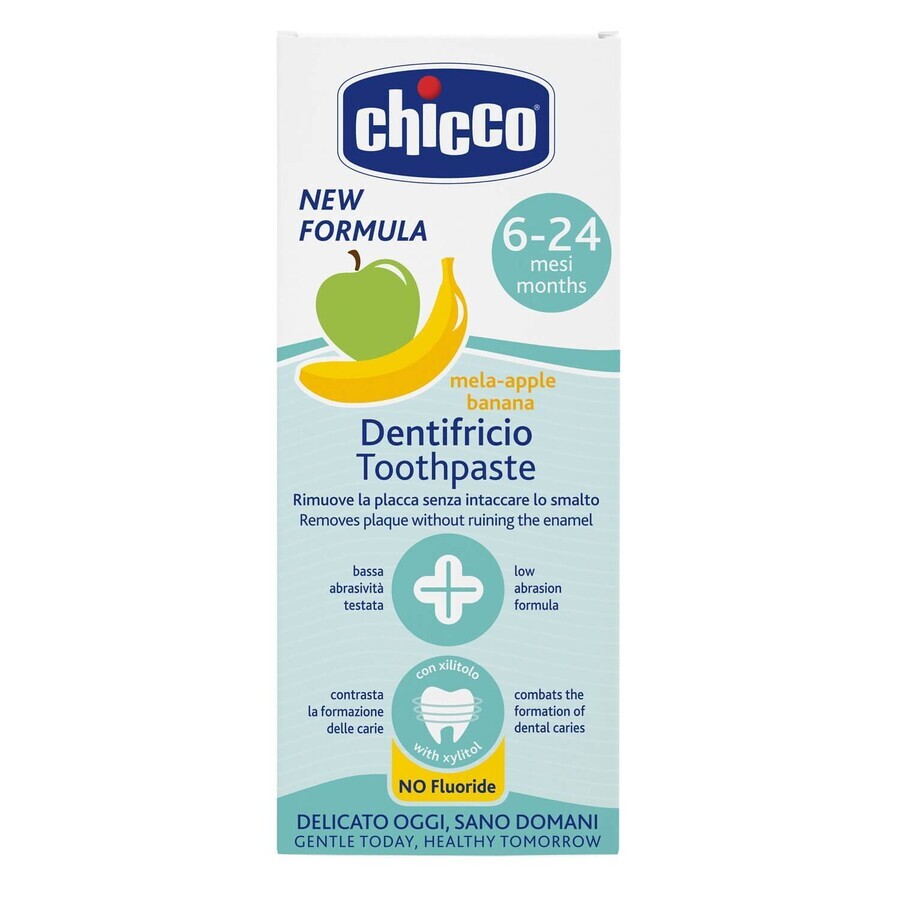 Chicco, tandpasta voor kinderen na 6 maanden, appel- en bananensmaak, fluoridevrij, 50 ml
