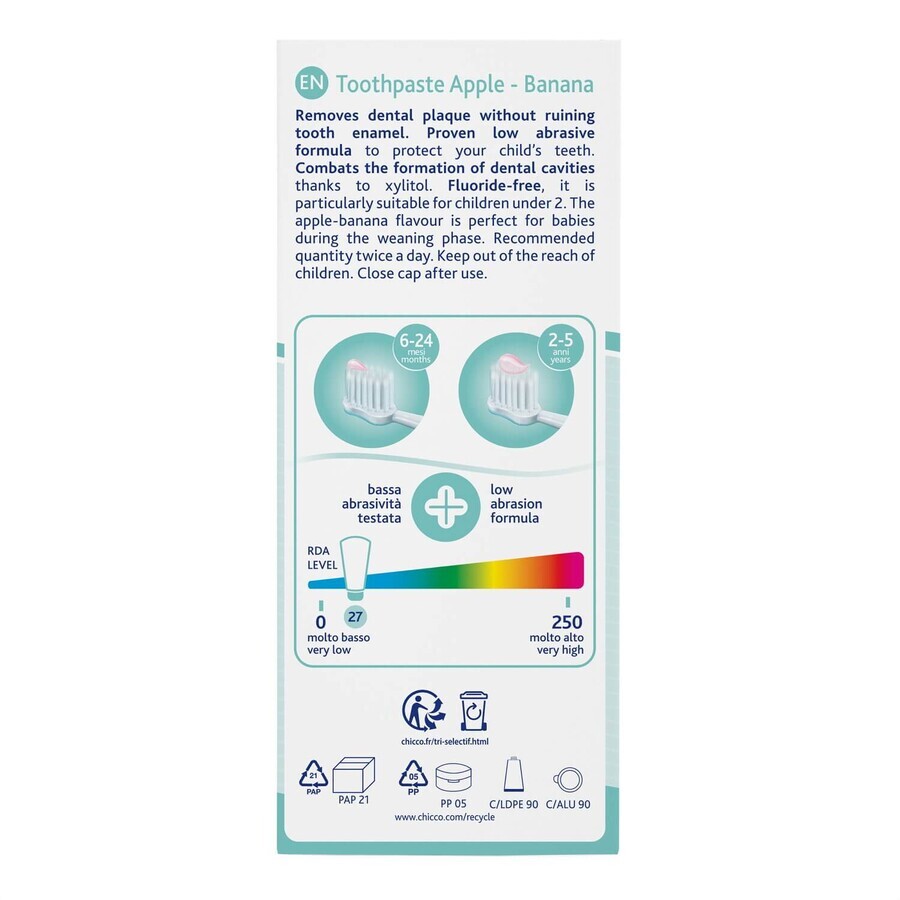 Chicco, tandpasta voor kinderen na 6 maanden, appel- en bananensmaak, fluoridevrij, 50 ml