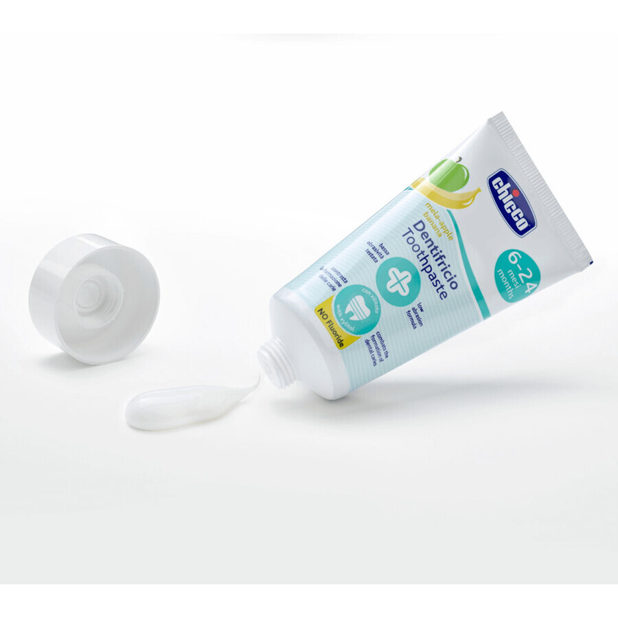 Chicco, tandpasta voor kinderen na 6 maanden, appel- en bananensmaak, fluoridevrij, 50 ml