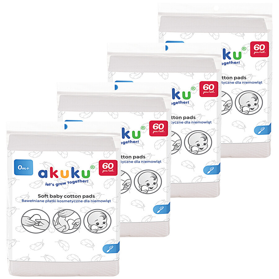 AKUKU set, coussinets cosmétiques pour bébés, coton, 4 x 60 pièces