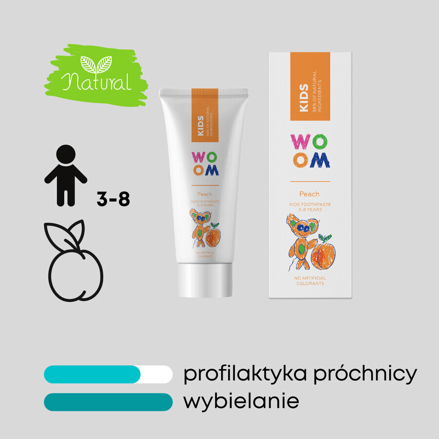 Woom Kids, pasta per bambini, 3-8 anni, gusto pesca, 50 ml