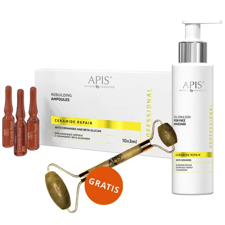 Apis Professional Ceramide Repair, heropbouwende ampullen met ceramiden en betaglucaan, 10 x 3 ml + olie-emulsie voor gezichtsmassage, 150 ml + gratis gezichtsmassager