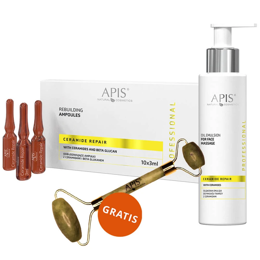 Apis Professional Ceramide Repair, heropbouwende ampullen met ceramiden en betaglucaan, 10 x 3 ml + olie-emulsie voor gezichtsmassage, 150 ml + gratis gezichtsmassager