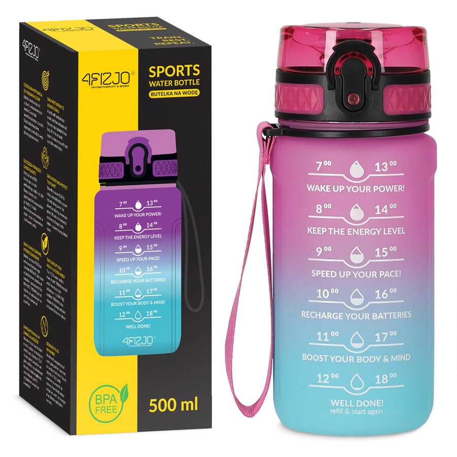 4Fizjo, botella de agua tritán, bidón motivacional, azul/rosa, 500 ml