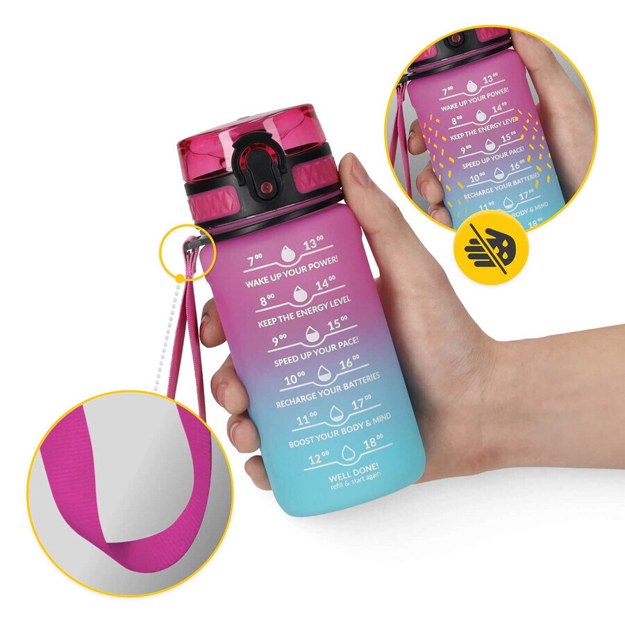 4Fizjo, botella de agua tritán, bidón motivacional, azul/rosa, 500 ml