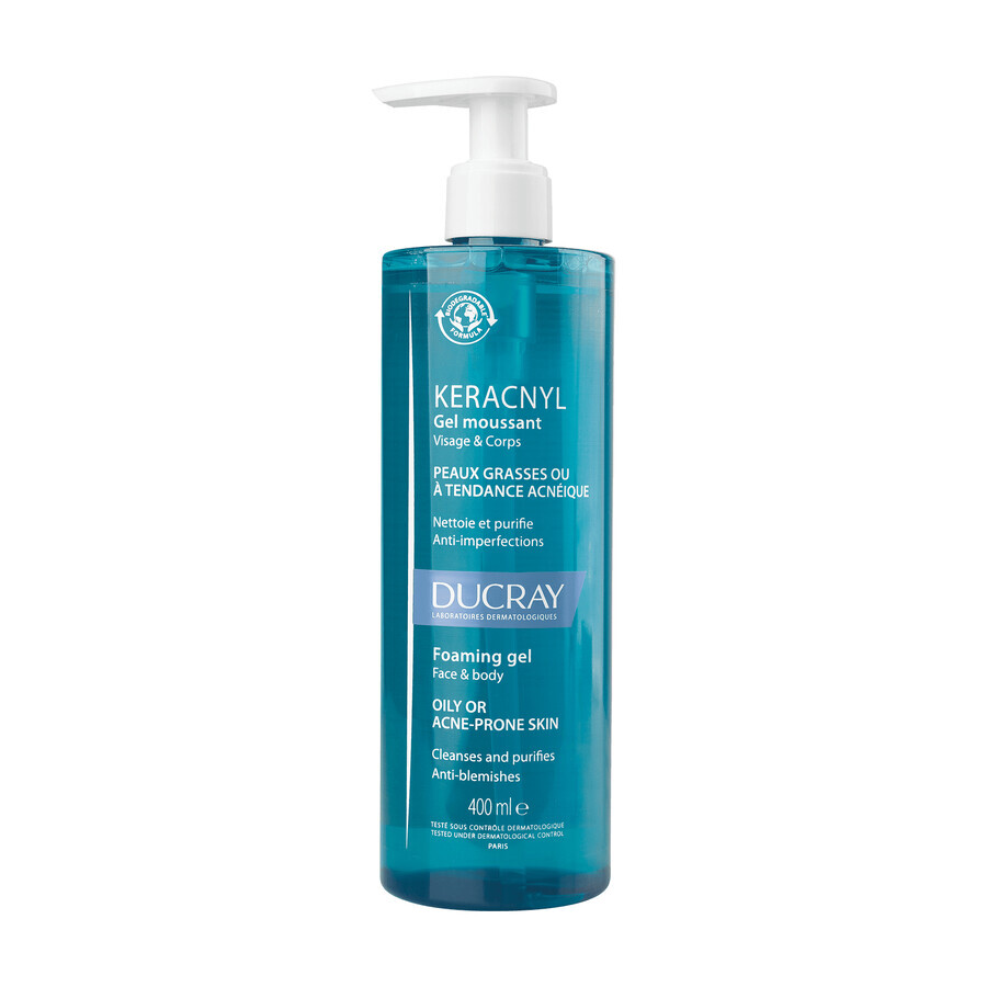 Set Ducray Keracnyl, gel spumant pentru față și corp, 400 ml + cremă împotriva imperfecțiunilor, 30 ml