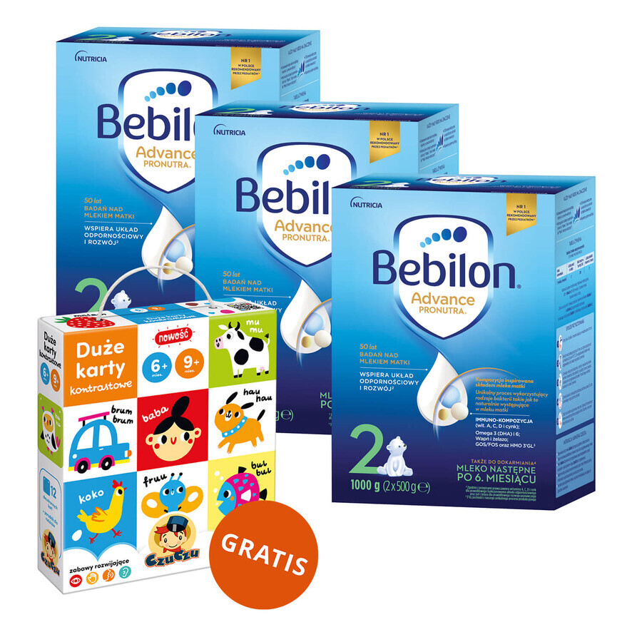 Set Bebilon Advance Pronutra 2, latte di proseguimento, oltre 6 mesi, 3 x 1000 g + CzuCzu, carte di contrasto grandi gratuite