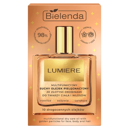 Bielenda Lumiere, aceite seco multifuncional para rostro, cuerpo y cabello con partículas de oro, 50 ml