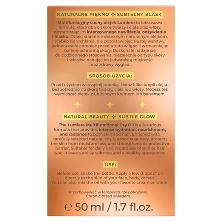 Bielenda Lumiere, aceite seco multifuncional para rostro, cuerpo y cabello con partículas de oro, 50 ml