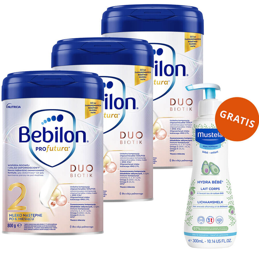 Bebilon Profutura DuoBiotik 2, follow-on milk, after 6 months, 3 x 800 g + Mustela Bebe Enfant Hydra Bebe, body milk, 300 ml free of charge