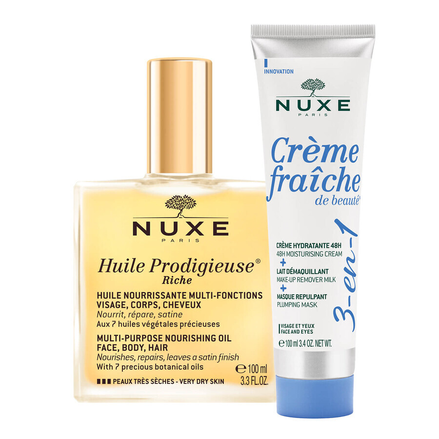 Nuxe Huile Prodigieuse Riche set, aceite nutritivo intensivo en spray para rostro, cuerpo y cabello, 100 ml + crema hidratante 3 en 1, 100 ml por 1 céntimo