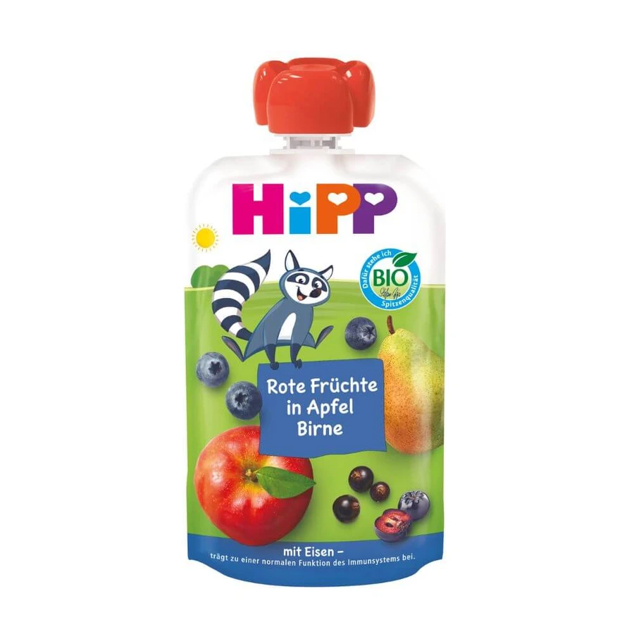 Puré ecológico de frutos rojos, manzanas, peras con hierro, 100 g, Hipp