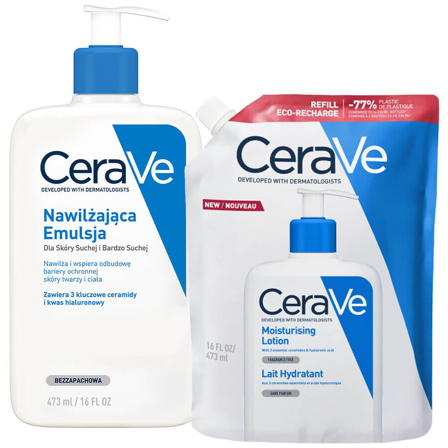 CeraVe set, emulsión hidratante con ceramidas, piel seca y muy seca, 473 ml + reserva, 473 ml