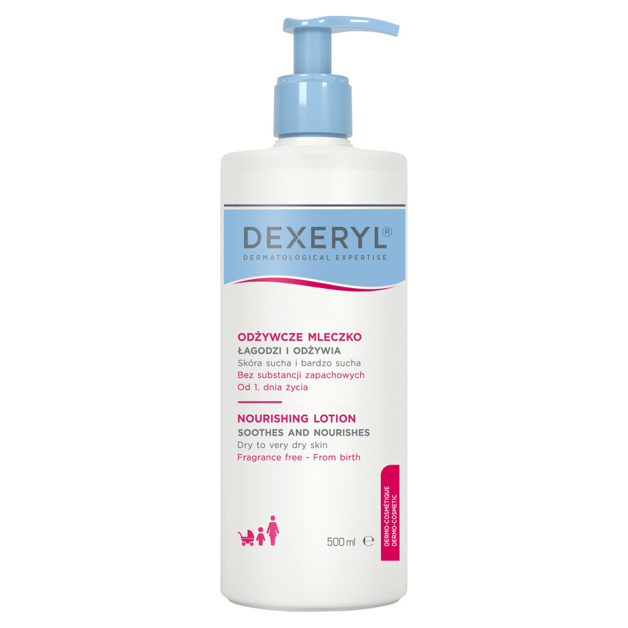 Set Dexeryl, voedende lichaamsmelk, 500 ml + reinigende douchecrème voor baby's, kinderen en volwassenen, zeer droge en atopische huid, 500 ml