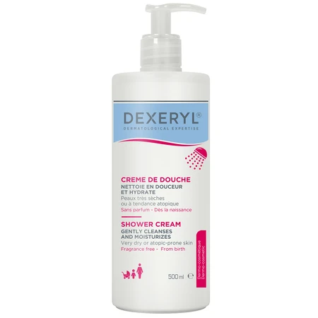 Set Dexeryl, nährende Körpermilch, 500 ml + Duschreinigungscreme für Säuglinge, Kinder und Erwachsene, sehr trockene und atopische Haut, 500 ml