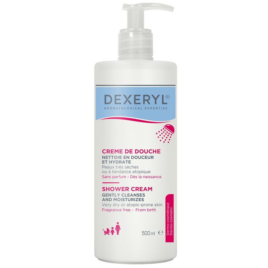 Set Dexeryl, voedende lichaamsmelk, 500 ml + reinigende douchecrème voor baby's, kinderen en volwassenen, zeer droge en atopische huid, 500 ml