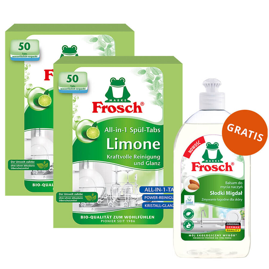 Frosch set, vaatwastabletten, All in One, limoen, 2 x 50 stuks + afwasmiddel, amandel, 500 ml gratis