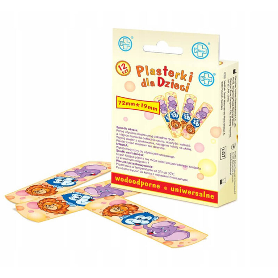 Testeo, pansements étanches pour enfants, 19 mm x 72 mm, 12 pièces