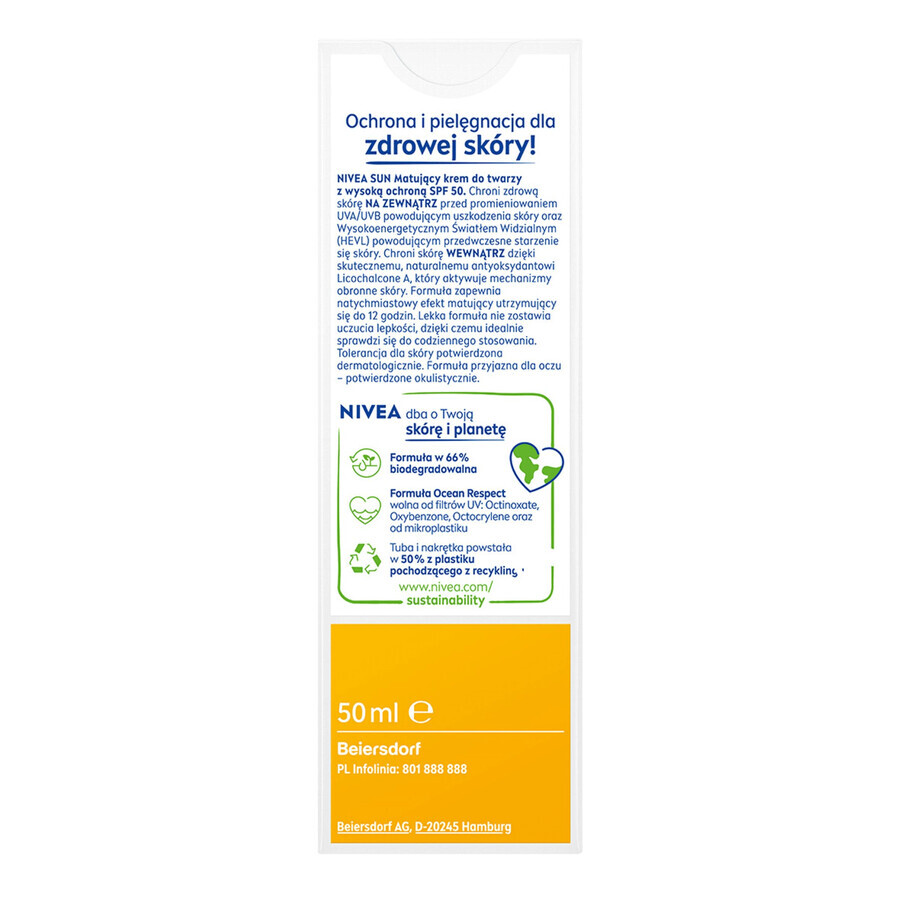 Nivea Sun UV Face Shine Control, protezione solare opacizzante, SPF 50, 50 ml CONFEZIONE ROTTA