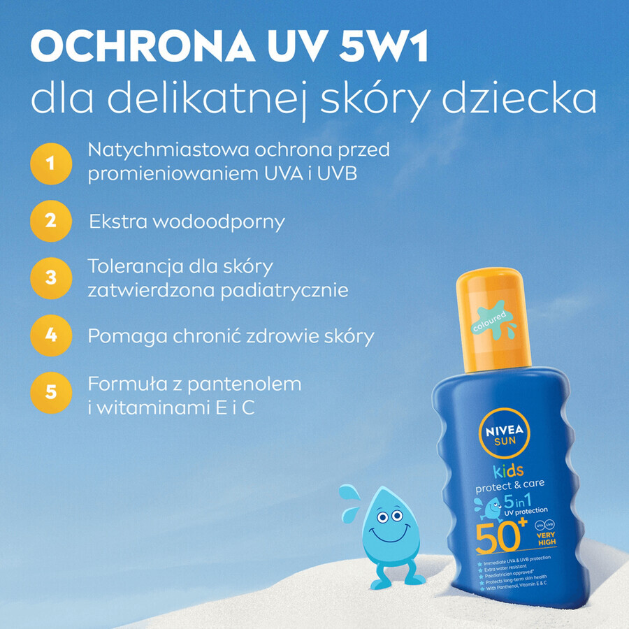 Nivea Sun Kids Protect & Care 5en1, spray de protección solar para niños, FPS 50+, 200 ml + gel-crema calmante para después del sol, 175 ml + toalla de playa de regalo