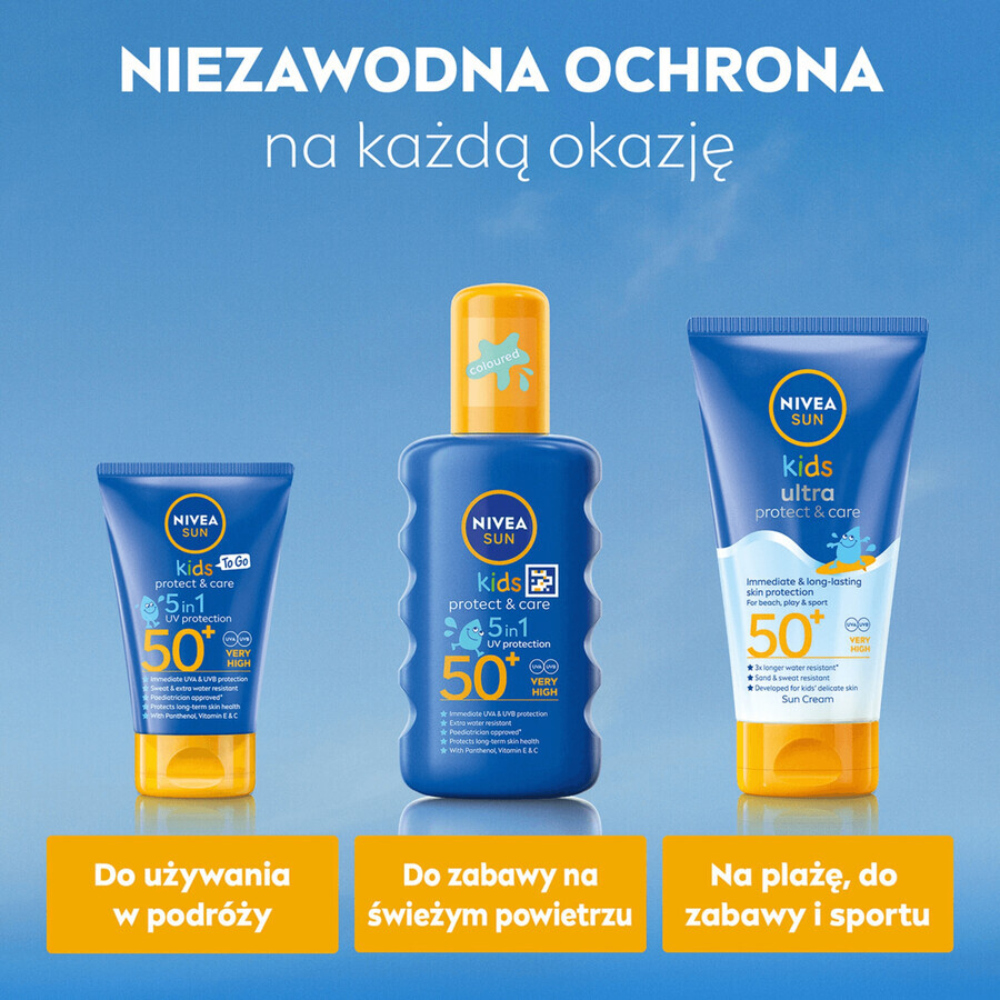 Nivea Sun Kids Protect & Care 5en1, spray de protección solar para niños, FPS 50+, 200 ml + gel-crema calmante para después del sol, 175 ml + toalla de playa de regalo