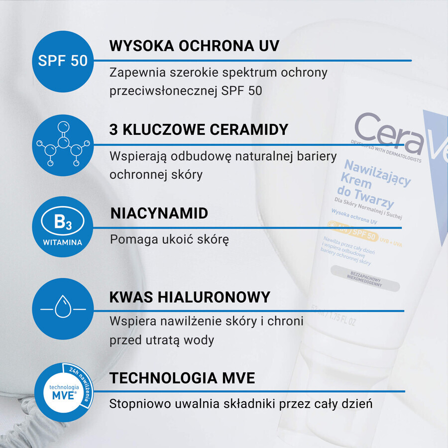 CeraVe set, hydraterende gezichtscrème met ceramiden, normale en droge huid, SPF 50, 52 ml + hydraterende crème-schuim gezichtswasgel, normale en droge huid, 236 ml