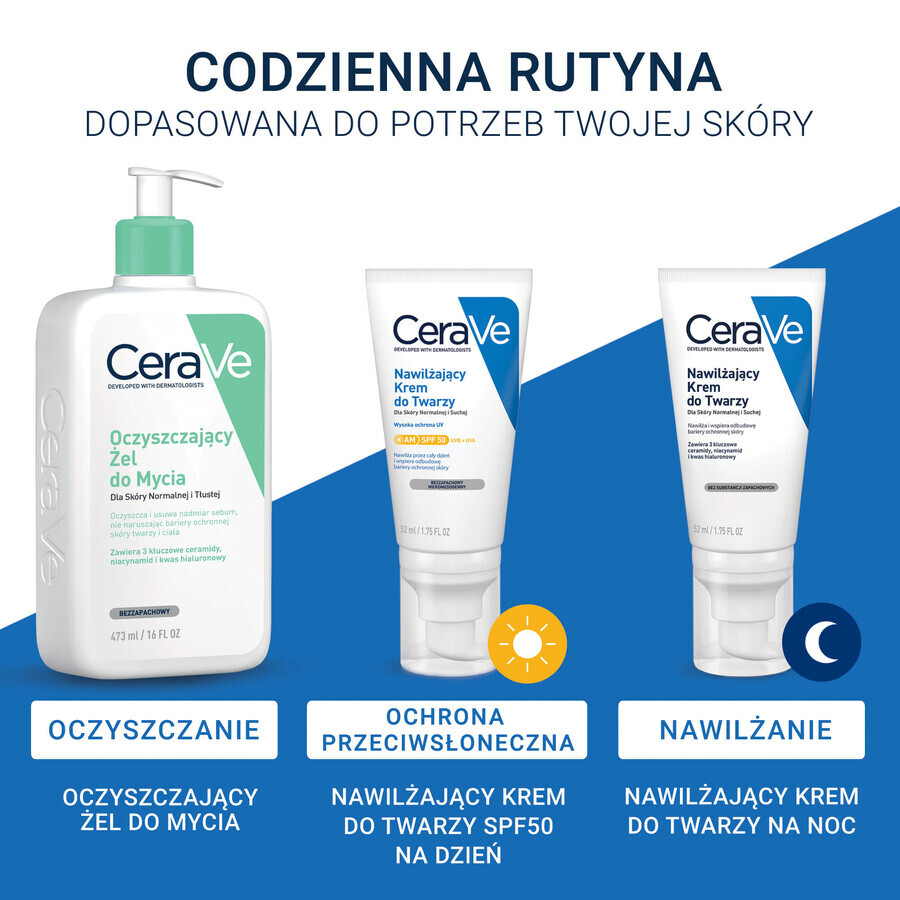 CeraVe set, hydraterende gezichtscrème met ceramiden, normale en droge huid, SPF 50, 52 ml + hydraterende crème-schuim gezichtswasgel, normale en droge huid, 236 ml