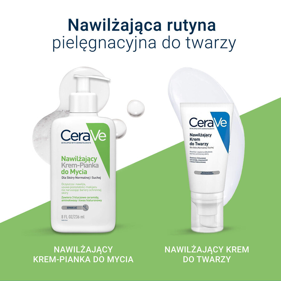 CeraVe set, hydraterende gezichtscrème met ceramiden, normale en droge huid, SPF 50, 52 ml + hydraterende crème-schuim gezichtswasgel, normale en droge huid, 236 ml