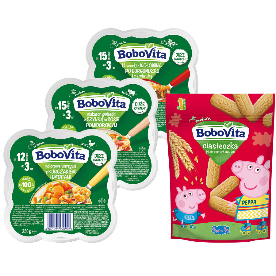 Juego de galletas BoboVita Pig Peppa Wheat, después de 1 año, 150 g + almuerzo, 3 x 250 g