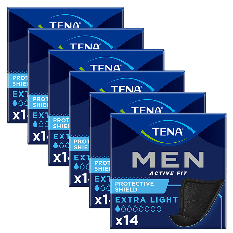 Set Tena Men Active Fit, plantillas anatómicas para hombre, Extra Light Negro, 6 x 14 pzas