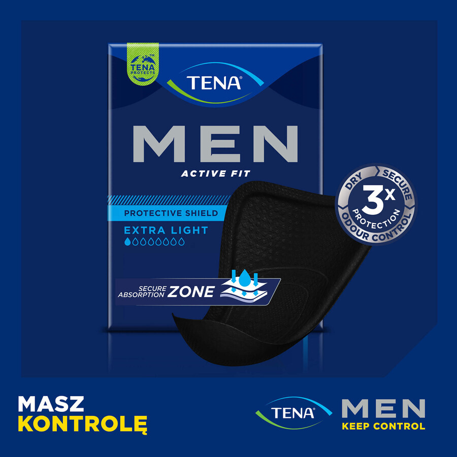 Set Tena Men Active Fit, plantillas anatómicas para hombre, Extra Light Negro, 6 x 14 pzas