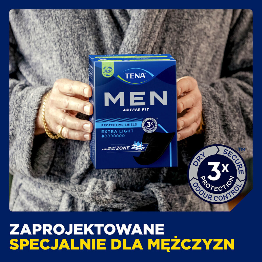 Set Tena Men Active Fit, plantillas anatómicas para hombre, Extra Light Negro, 6 x 14 pzas