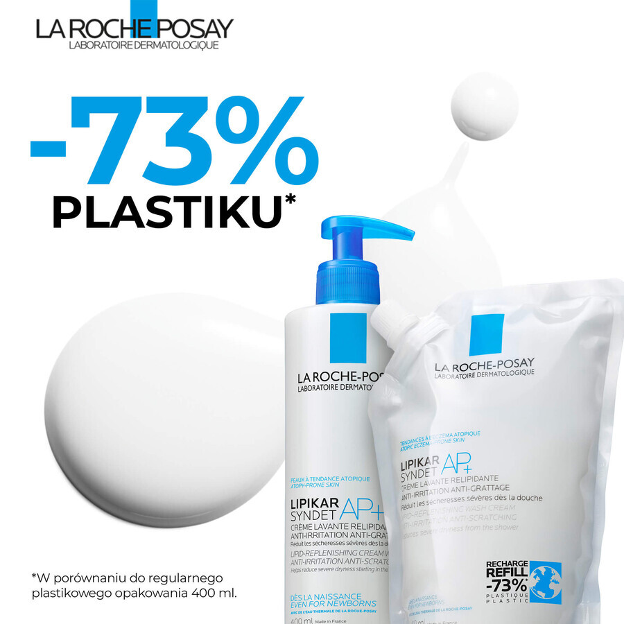 La Roche-Posay Lipikar Syndet AP+ kit, crème lavante corporelle relipidante, dès la naissance, 400 ml + réserve, 400 ml