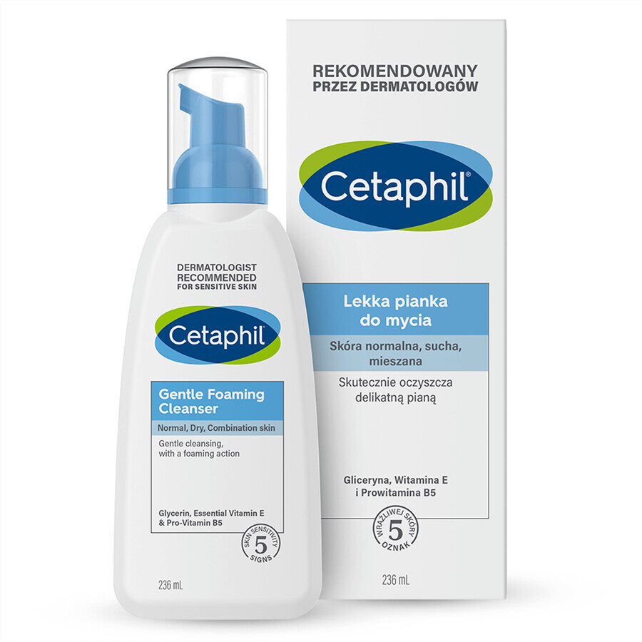 Cetaphil, schiuma detergente leggera per il viso, pelle normale, secca e mista, 236 ml + crema idratante viso con acido ialuronico, crema notte, 48 ml in omaggio