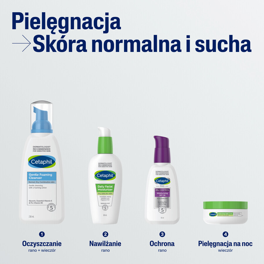 Cetaphil, schiuma detergente leggera per il viso, pelle normale, secca e mista, 236 ml + crema idratante viso con acido ialuronico, crema notte, 48 ml in omaggio